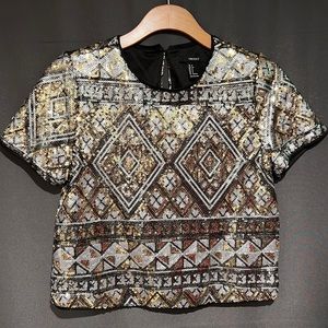 Forever21 sequin tribal pattern silver gold grey top